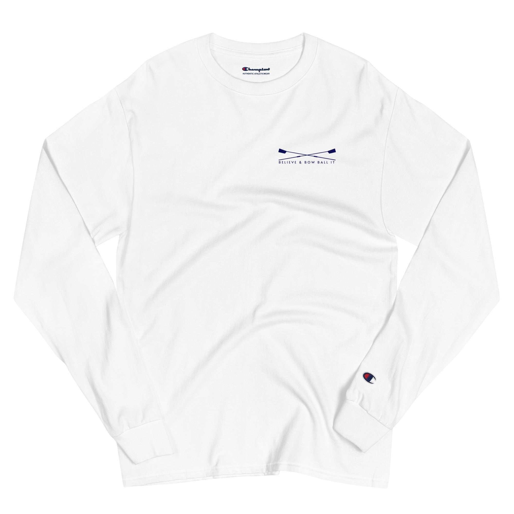 Men's Champion Long Sleeve Shirt (White): Believe Bow Ball It