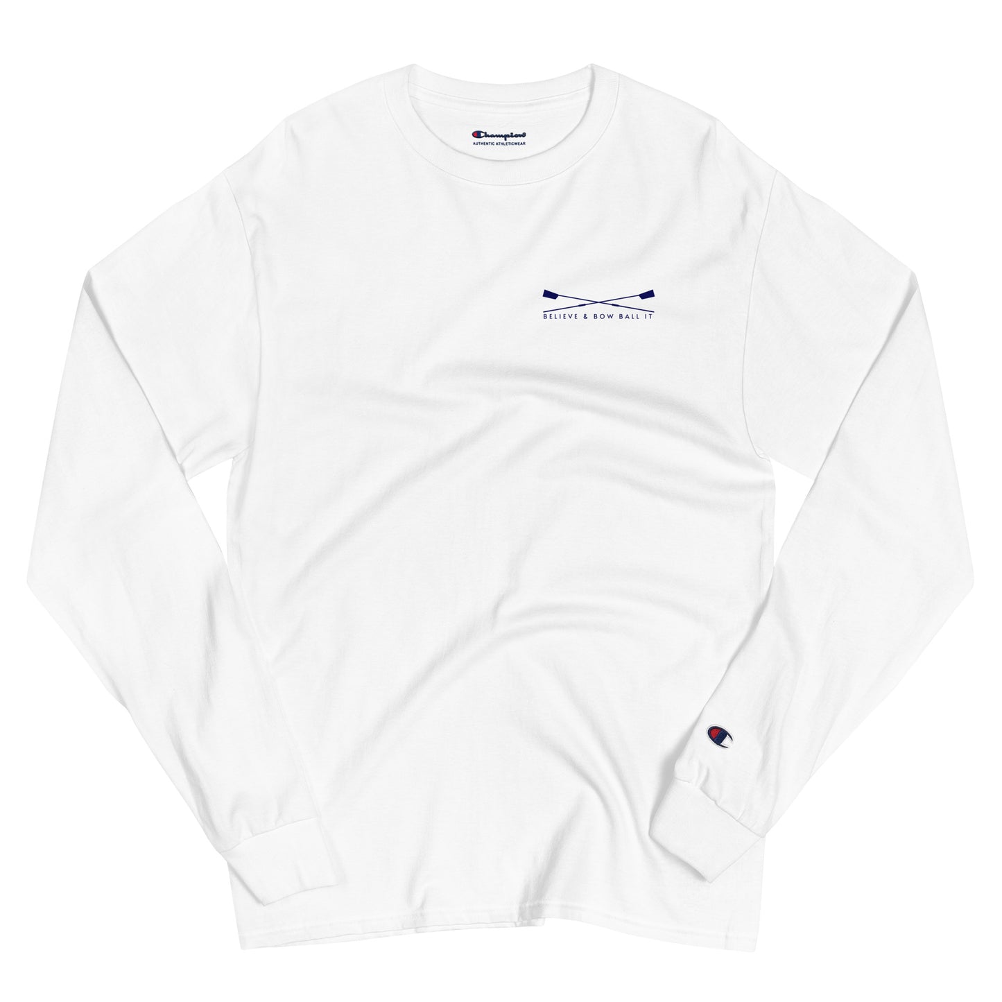 Men's Champion Long Sleeve Shirt (White): Believe & Bow Ball It