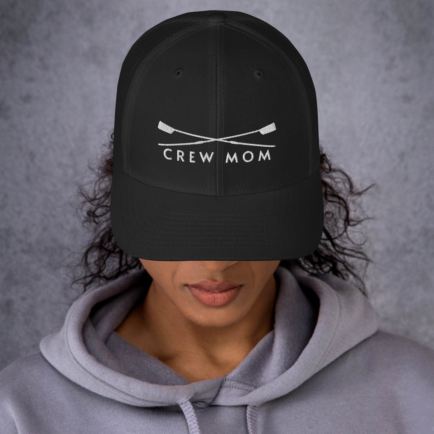 Trucker Cap: Crew Mom [Embroidered in White]